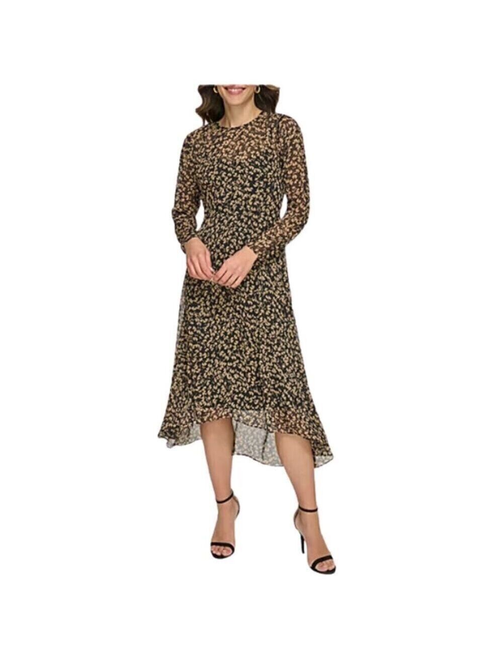 Marc New York NWT Long Sleeve Leaf Fit + Flare Dress in Black Tannin Sz 18